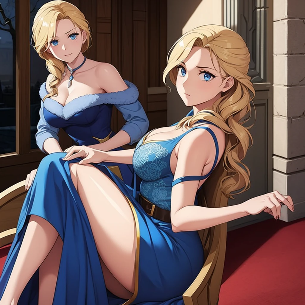 a woman in a sophisticated blue dress in a large medieval castle, hair blond, blue eyes.
