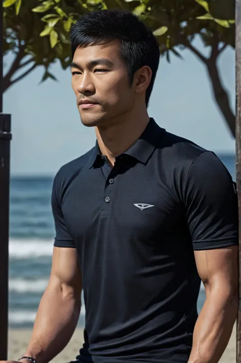 young asian man in a black polo shirt sitting on the grass with a serious expression, looking into the distance Turn your head s...