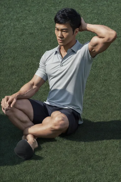 young asian man in a black polo shirt sitting on the grass with a serious expression, looking into the distance Turn your head s...