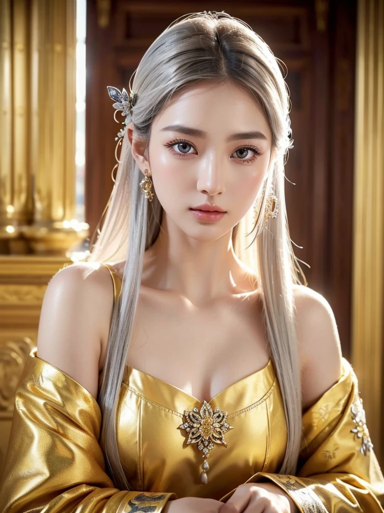 1girl, beautiful detailed eyes, beautiful detailed lips, extremely detailed eyes and face, long eyelashes, silver hair, pale skin, flawless skin, ornaments, ancient temple, dramatic lighting, ethereal, elegant, serene, vibrant colors, glowing skin, delicate features, intricate details, (best quality,8K,highres,masterpiece:1.2),ultra-detailed,(realistic,photorealistic,photo-realistic:1.37), Korean national costume, golden ornaments, ancient ruins, ancient creature