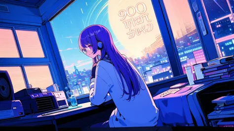 (from behind), Anime girl sitting in front of a computer in a cozy bedroom, Girl listening to music while studying in a cozy roo...