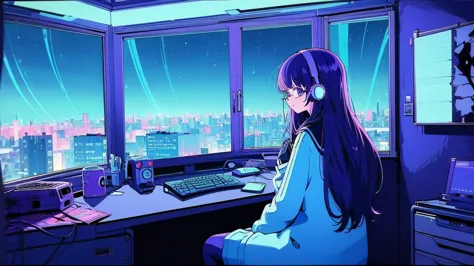 (from behind), Anime girl sitting in front of a computer in a cozy bedroom, Girl listening to music while studying in a cozy roo...