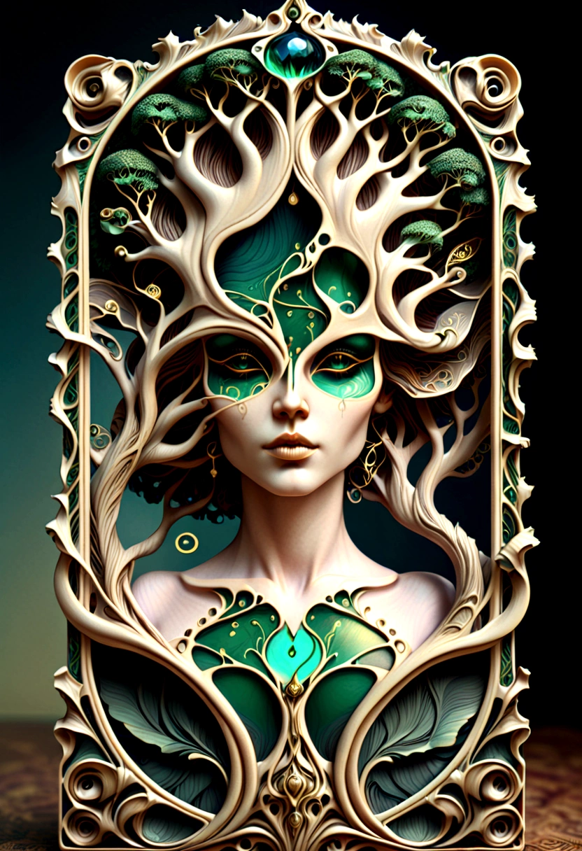 a beautiful portrait of a woman with the tree of life flowing from her head in an abstract marble texture in a tarot style frame, with colors of obsidian black, shiny gold, and emerald green, highly detailed, intricate design, BY Anne Bachelier,