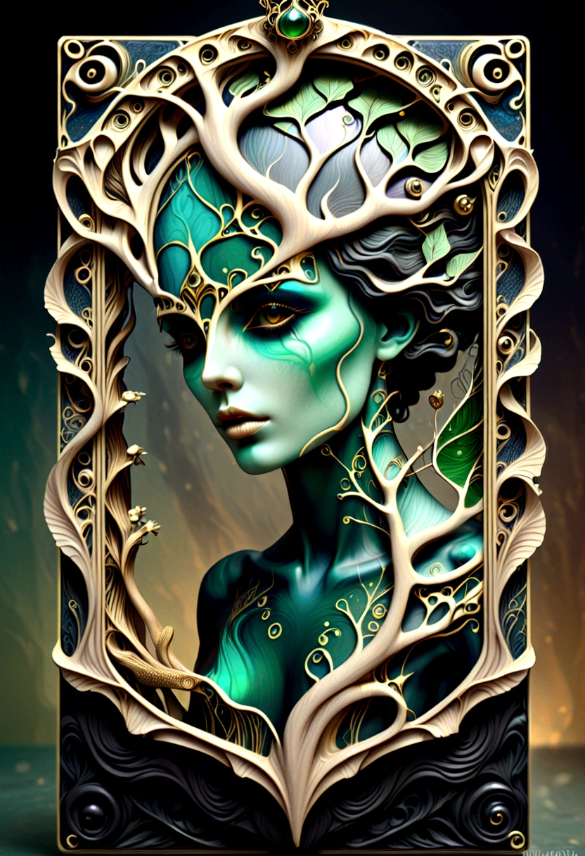 a beautiful portrait of a woman with the tree of life flowing from her head in an abstract marble texture in a tarot style frame, with colors of obsidian black, shiny gold, and emerald green, highly detailed, intricate design, BY Anne Bachelier,