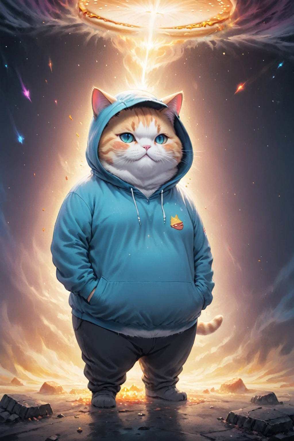 Cosmic Canvas,(dystopian background:1.3), Flawless, Clean, masterpiece, Draw a chubby cat, Wearing a hoodie, Take the burger, Light mist,   