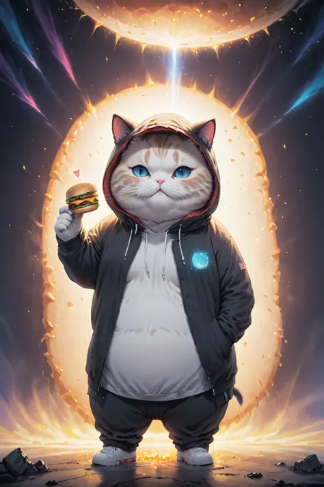 Cosmic Canvas,(dystopian background:1.3), Flawless, Clean, masterpiece, Draw a chubby cat, Wearing a hoodie, Take the burger, Li...