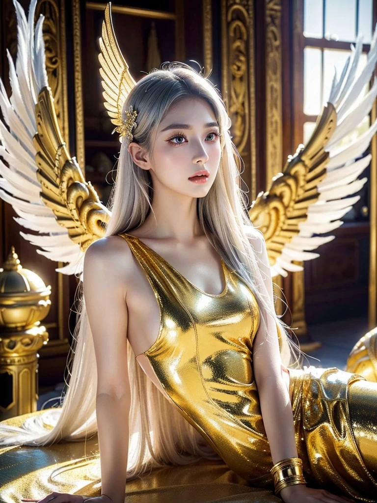 1girl, beautiful detailed eyes, beautiful detailed lips, extremely detailed eyes and face, long eyelashes, silver hair, pale skin, flawless skin, ornaments, ancient temple, dramatic lighting, ethereal, elegant, serene, vibrant colors, glowing skin, delicate features, intricate details, (best quality,8K,highres,masterpiece:1.2),ultra-detailed,(realistic,photorealistic,photo-realistic:1.37), Korean national costume, golden ornaments, ancient ruins, ancient creature, ((winged humanoid)), majestic, divine, mythical, fantasy, surreal