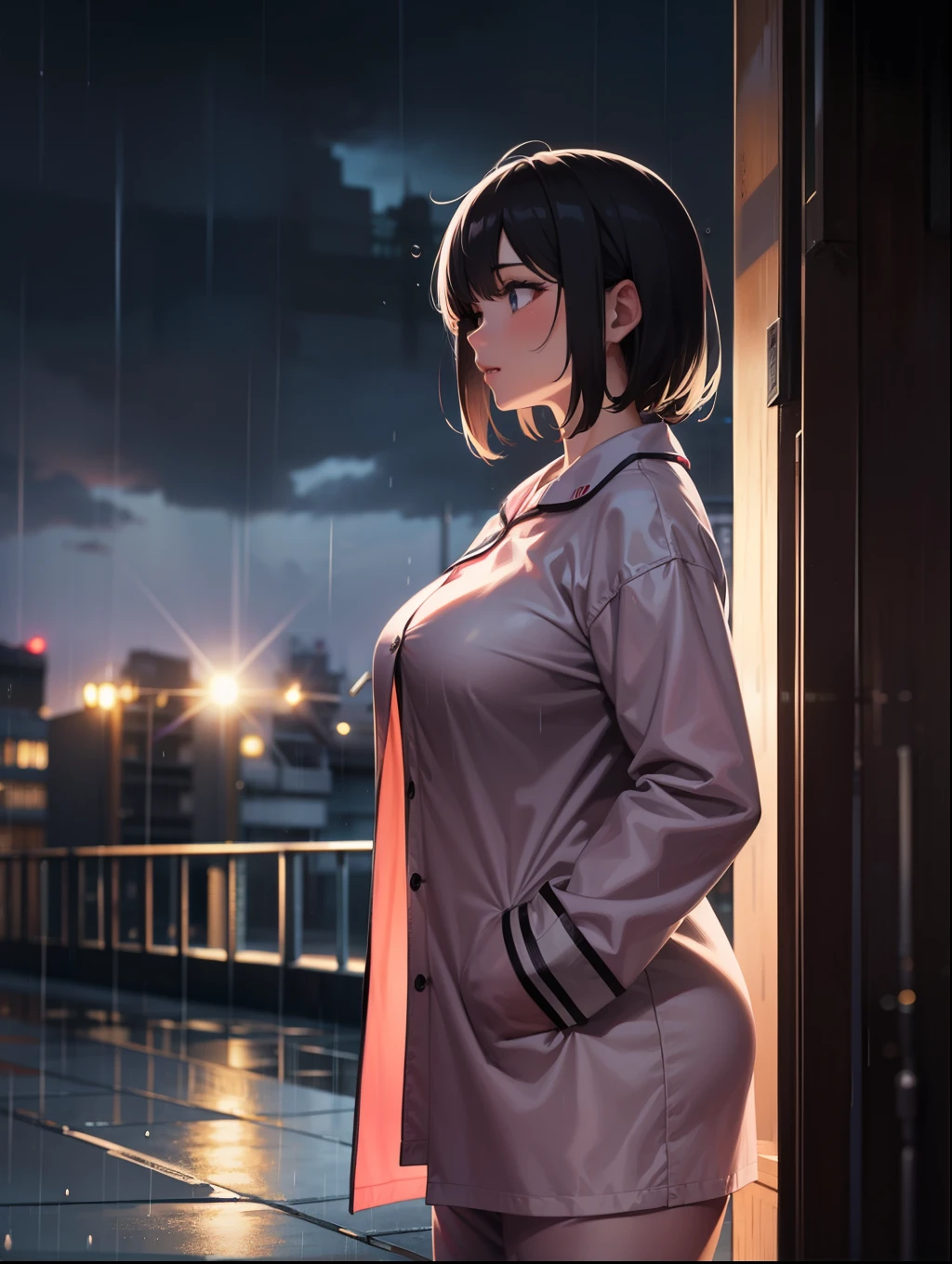 demi realism art,anime,pajamas,rain coat,rainy city,beautiful middle age lady,sentimental,huge huge huge  upperbody style, 
