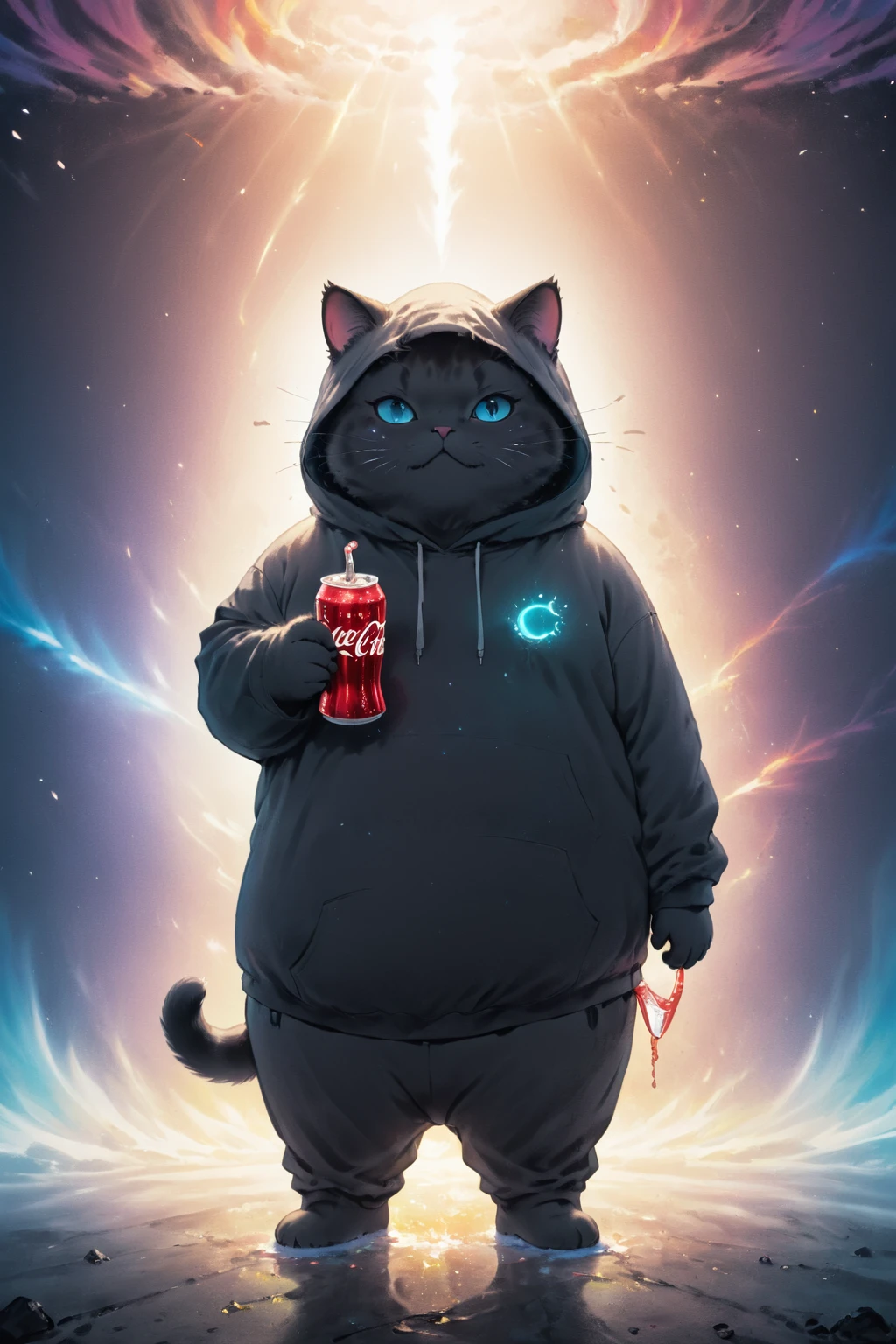 kosmische Leinwand,(dystopischer Hintergrund:1.3), einwandfrei, Sauber, Meisterwerk, Zeichne eine pummelige Katze, einen Kapuzenpullover tragen, Eine Cola halten, leichter Nebel,   