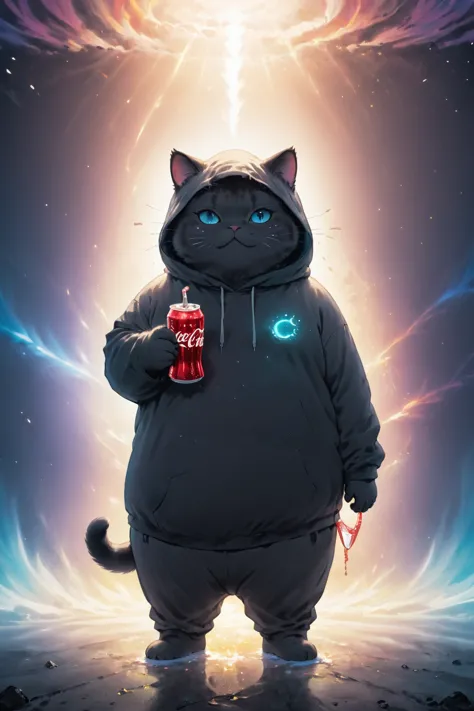 Cosmic Canvas,(dystopian background:1.3), Flawless, Clean, masterpiece, Draw a chubby cat, Wearing a hoodie, Holding a Coke, Lig...