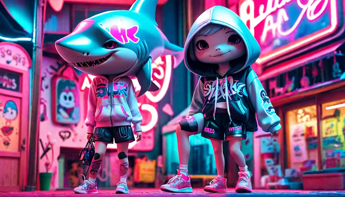 一尊栩栩如生的拟人化鲨鱼女孩雕塑，她身穿赛博朋克风格的服装，站在被霓虹灯光和黑光漆照亮的大平台上