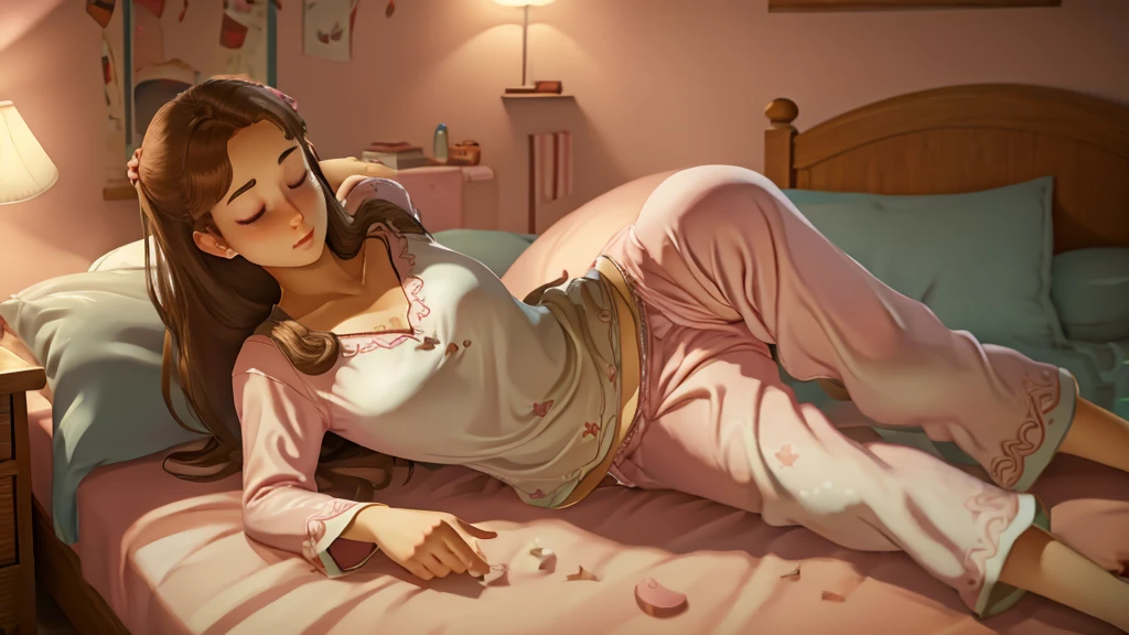 (quarto),(mais alta qualidade,realista),Garota dormindo,22 anos de idade,cabelo castanho,Calças compridas,Pijama rosa