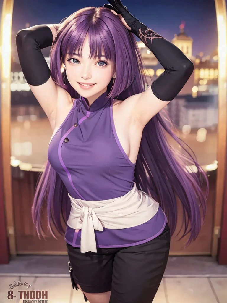 A beautiful girl, high quality, real details, color details, face details, eyes details, intricate details, smile face, smooth glowing skin, 3D image, medium contrast, cinematic lighting, realistic, masterpiece, 8K, thin face, front bangs hair, long hair with purple color, purple eyes, smiling , pink mouth, a girl with a purple sleeveless shirt, large breast size, 2 hands, 2 hand raised, 5 fingers, showing armpits, smooth armpit, black shorts.