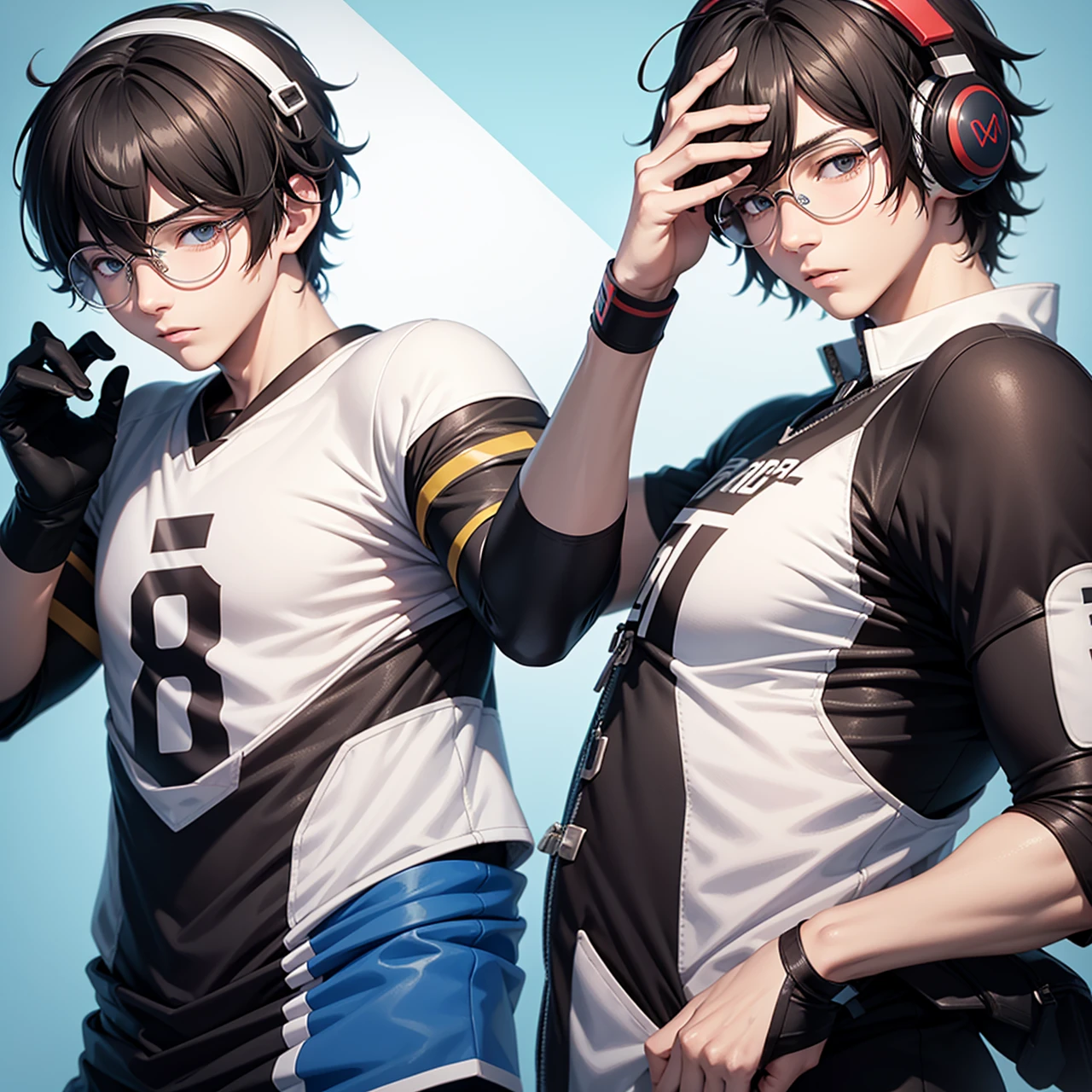 Ren Amamiya Persona,Anime masculino,uniforme de futbol, anteojos, auriculares en la cabeza