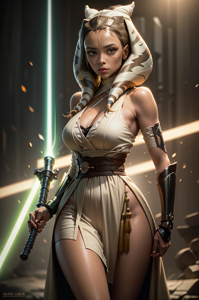 Green skin, white dress, cleavage, large breasts holding a light saber, portrait of ahsoka tano, cal kestis lightsaber wallpaper,25 year old female jedi, ahsoka tano, jedi with light saber, holding a lightsabre. splash art, with lightsaber sword, jar jar binks as a sith lord, rey, star wars character, jedi knight, by Jason Felix
