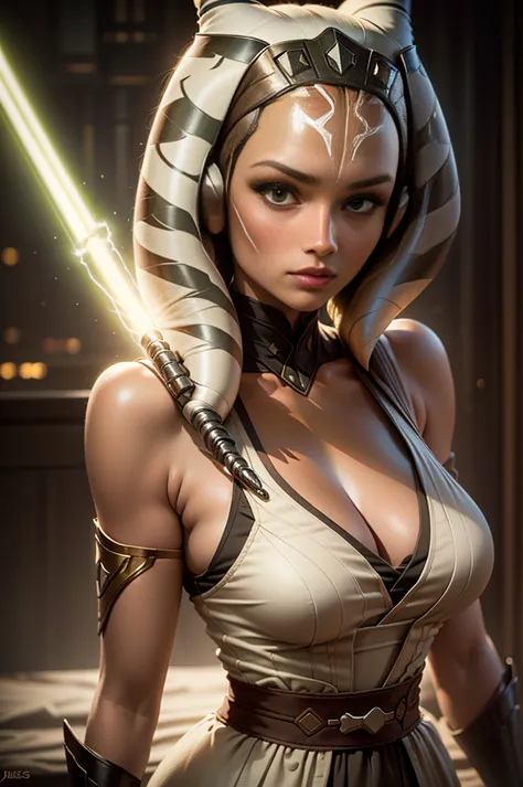 green skin, white dress, cleavage, large breasts holding a light saber, portrait of ahsoka tano, cal kestis lightsaber wallpaper...