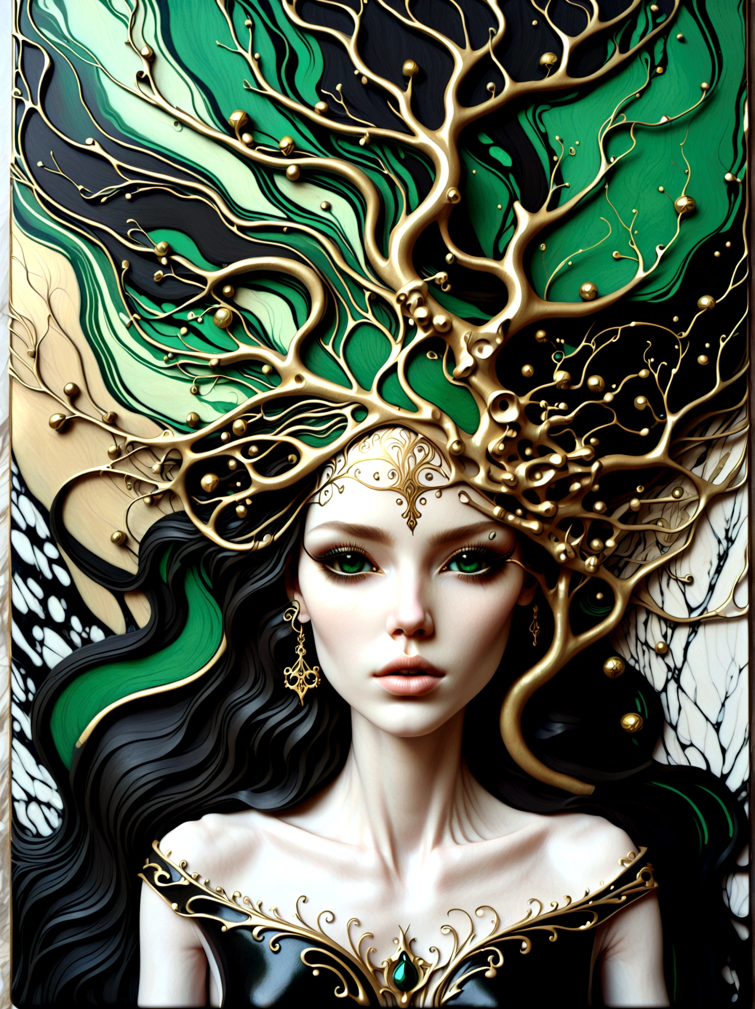 a beautiful portrait of a woman with the tree of life flowing from her head in an abstract marble texture, with colors of obsidian black, shiny gold, and emerald green, highly detailed, intricate design, BY Anne Bachelier,