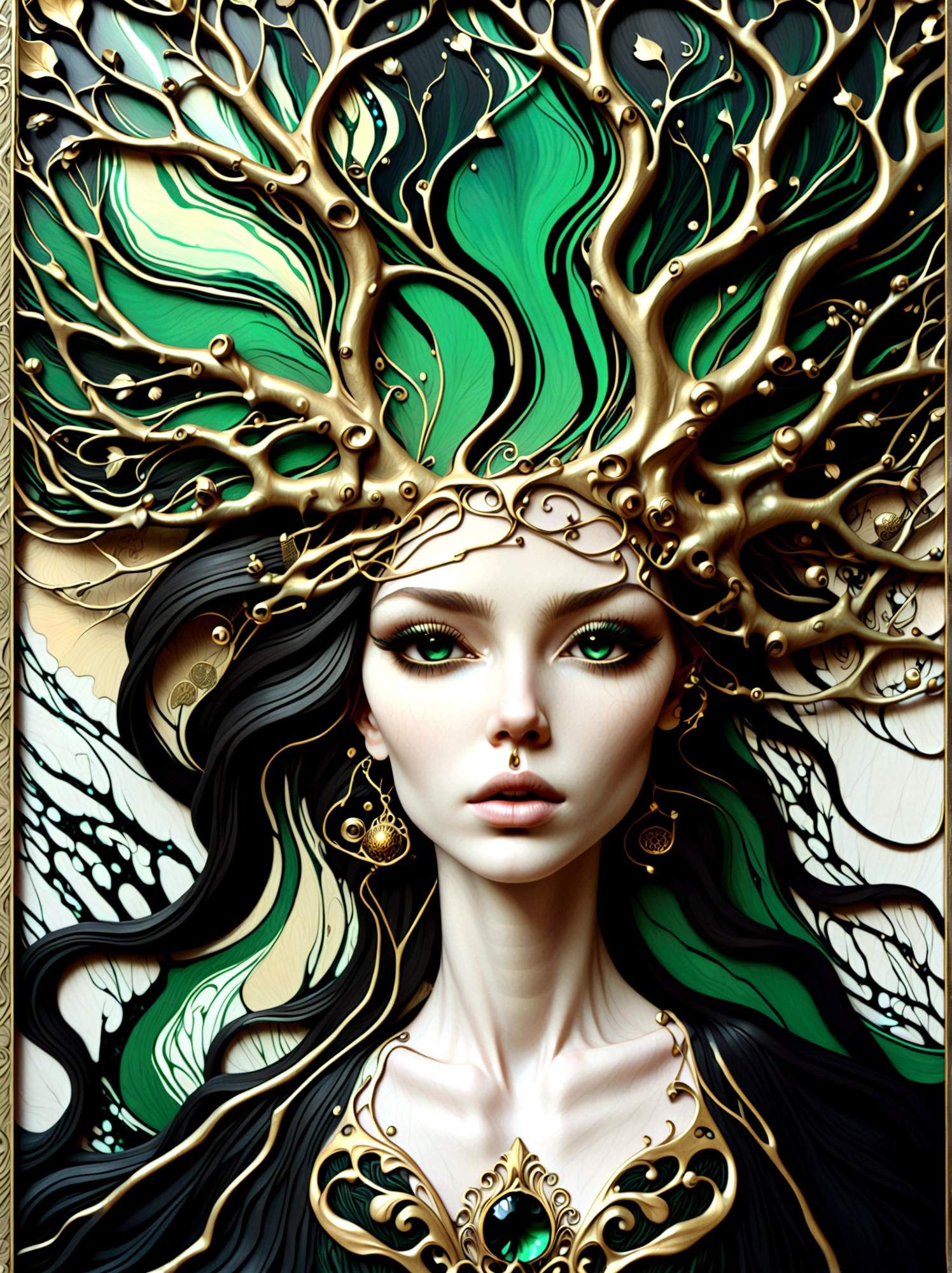 a beautiful portrait of a woman with the tree of life flowing from her head in an abstract marble texture, with colors of obsidian black, shiny gold, and emerald green, highly detailed, intricate design, BY Anne Bachelier,