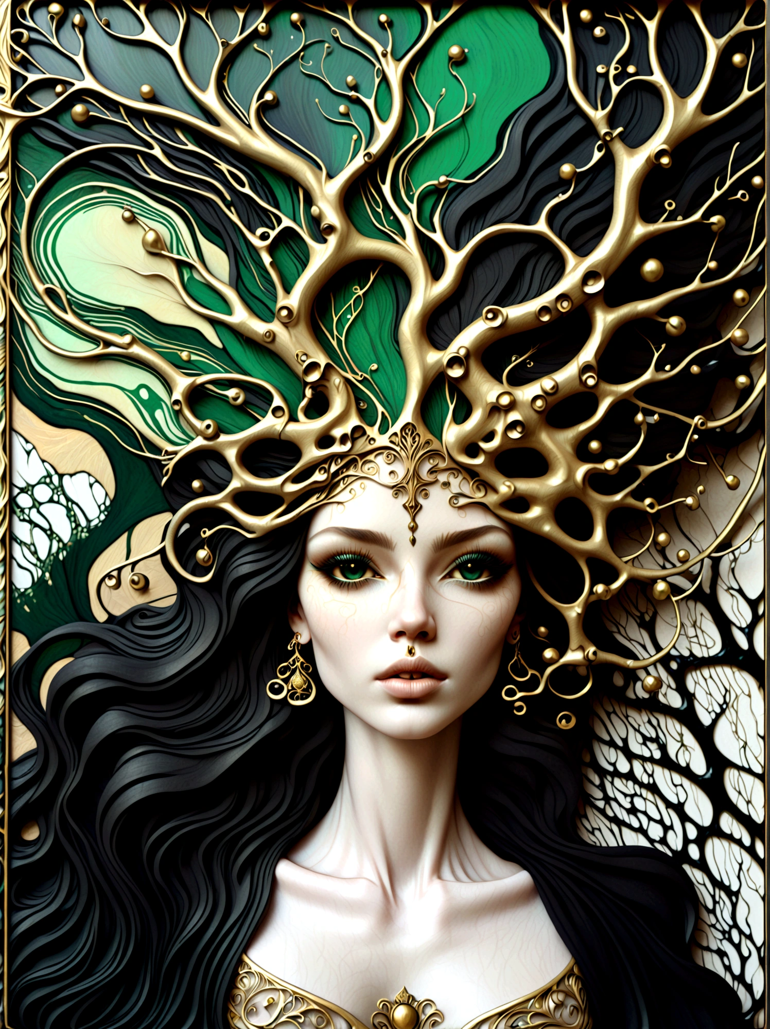 一幅美麗的女人肖像，生命之樹從她的頭上以抽象的大理石紋理流淌, 顏色為黑曜石黑, 閃亮的金色, 和翠綠色, 非常詳細, 複雜的設計, 作者：安妮·巴舍利尔,
