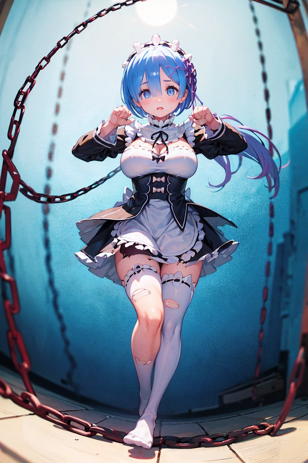 Full moon night、Plump、Show your pants、(((((Fighting Pose)))))、Weapons Morningstar、((Underground Prison))、((The floor beneath my feet is crumbling))、((((Rem in chains)))),(((((Fisheye Lens)))))、((((Super huge breasts))))、(((Plump thighs)))、(((Rem from Re:Zero)))、((looking at the camera))、High qualityHigh quality、8ｋ、(((((Full body description)))))、Chest、Fantastic、(((((Torn maid uniform)))))、looking at the cameraで、barefoot、((((((Tall Rem))))))、Sweat splashes、Clothes are ripped off,(Torn knee-high socks)、