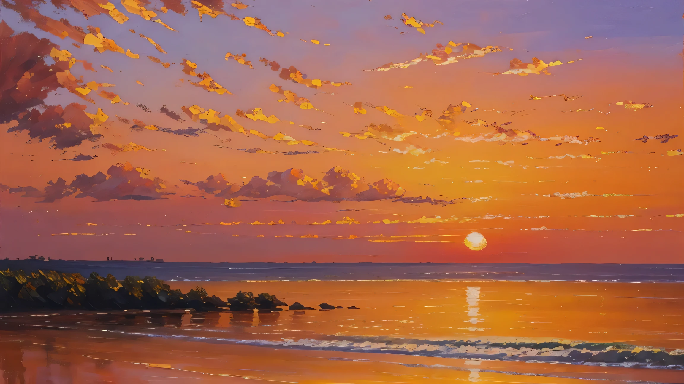 a painting of a sunset sky, oil painting, soft variations of color, plein air painting, realistic brushwork, strip painting, serene visuals, academic painting