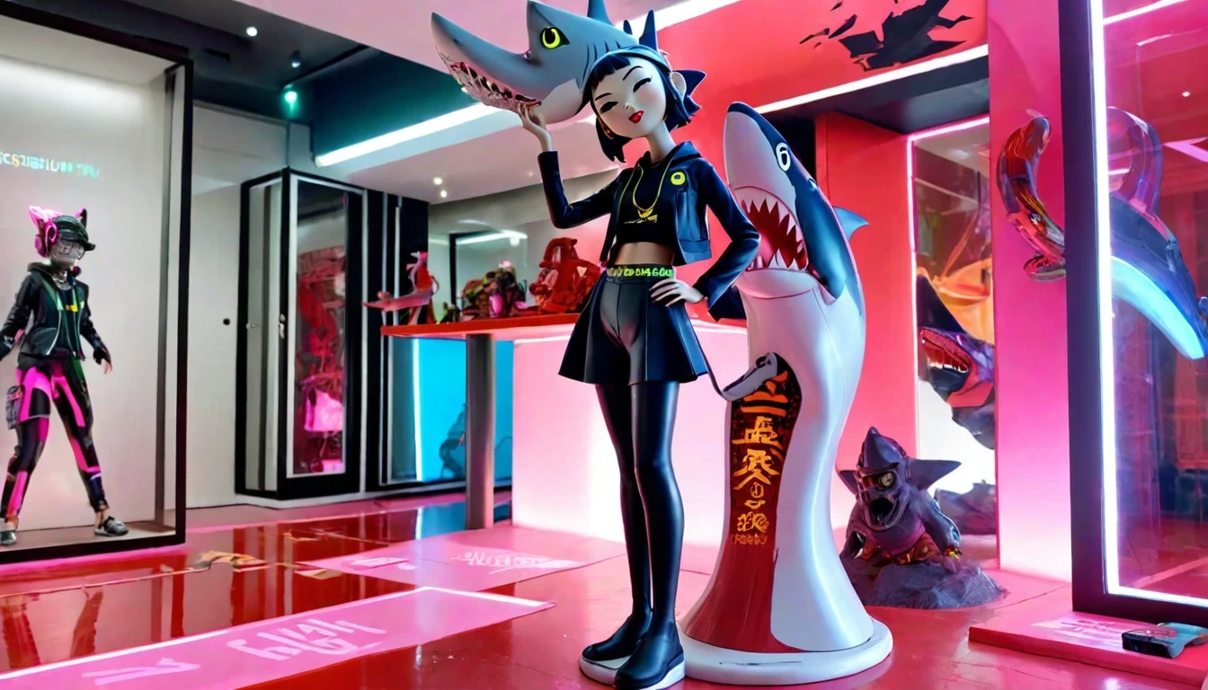 一尊栩栩如生的拟人化鲨鱼女孩雕塑，她身穿赛博朋克风格的服装，站在被霓虹灯光和黑光漆照亮的大平台上