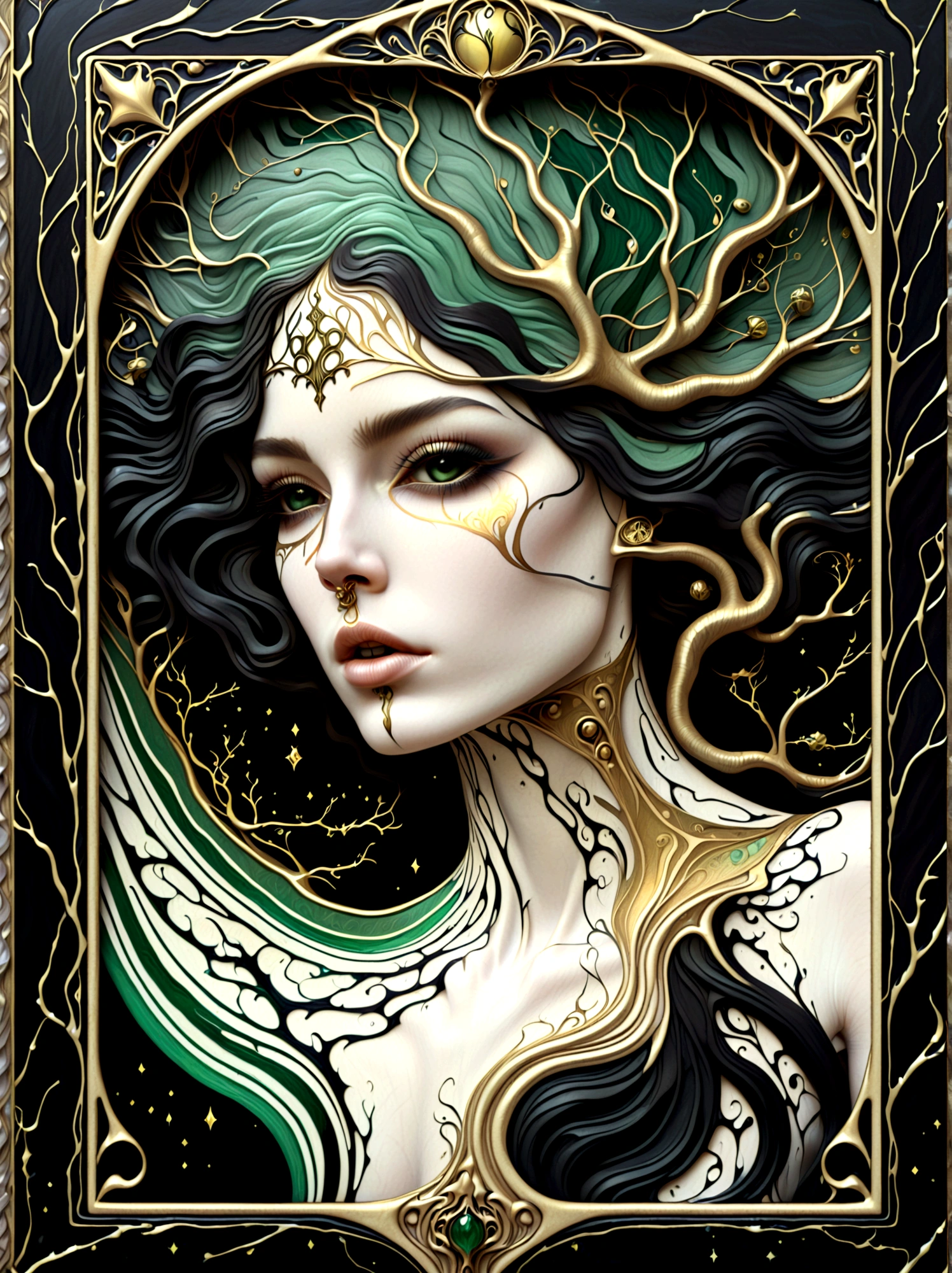 一幅美丽的女人肖像，生命之树从她的头上流淌，以抽象的大理石纹理装饰，框架为塔罗牌风格, 颜色为黑曜石黑色, 闪亮的金色, 和翠绿色, 非常详细, 复杂的设计, 作者：Anne Bachelier,