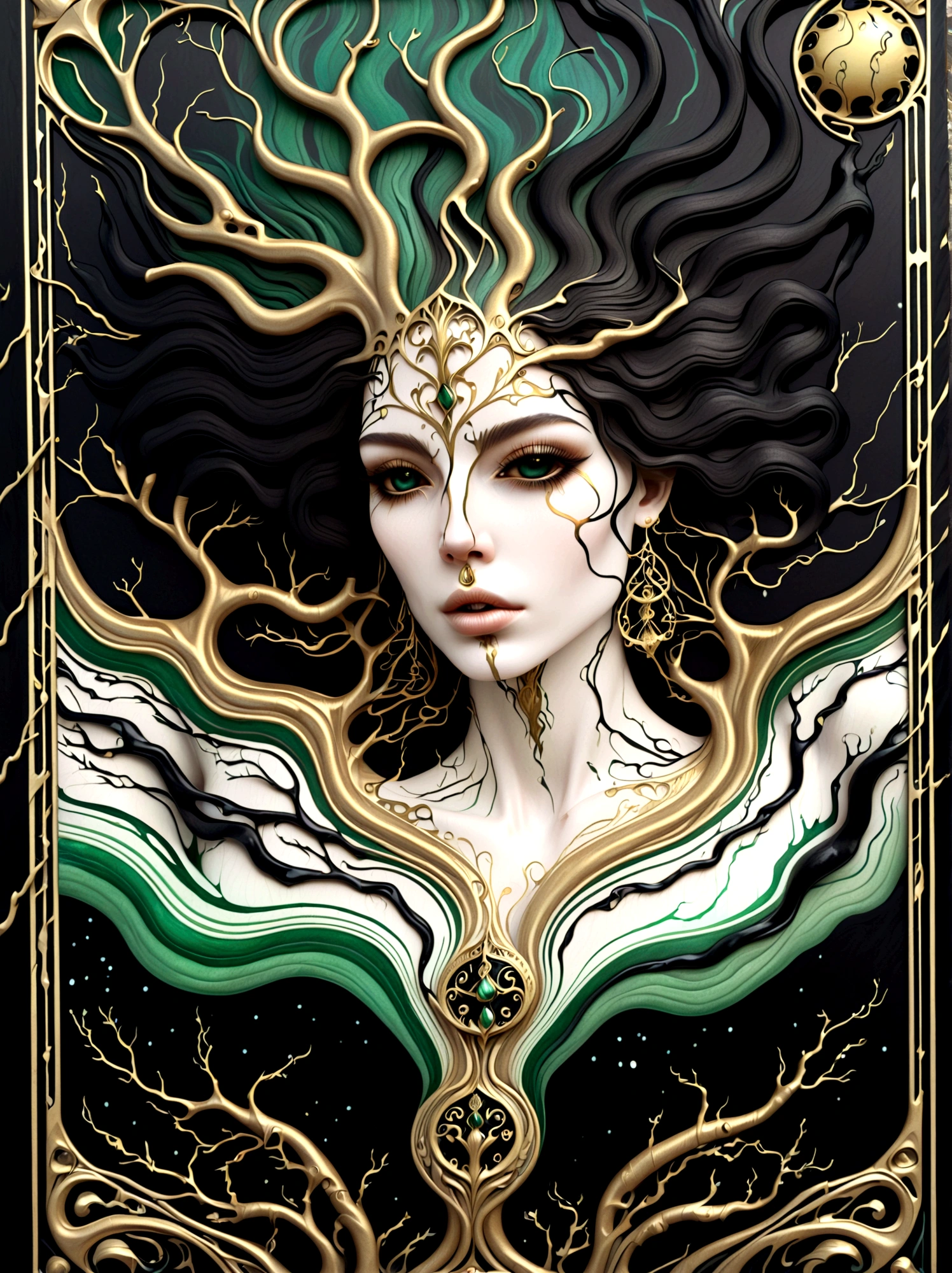 a beautiful portrait of a woman with the tree of life flowing from her head in an abstract marble texture in a tarot style frame, with colors of obsidian black, shiny gold, and emerald green, highly detailed, intricate design, BY Anne Bachelier,