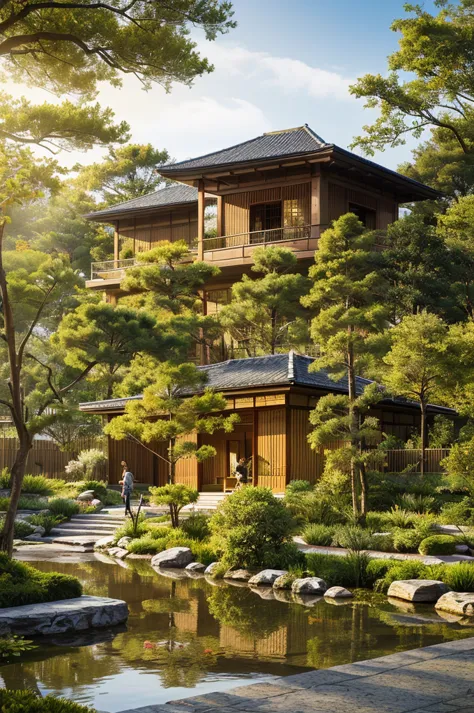 a traditional japanese single-story house with a beautiful garden, intricate architecture, tiled roof, sliding shoji screens, gr...