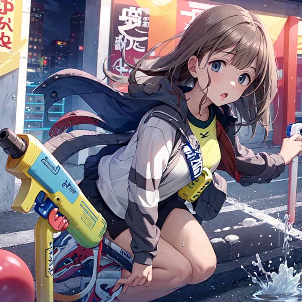 Spraying water on each other with water guns、soaked、NFSW、Innocent girl playing、Sportswear
