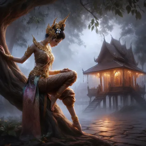 Painting of a woman sitting on a tree in front of a house, Thiti Luatthong, Thai art, Amazing 8k artwork, Beautiful digital artw...