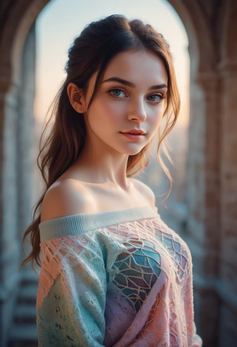 One girl,Mysterious Girl ,Exotic girl in off-the-shoulder sweater,Fading backlight background,pastel colour,Enchanting Goddess,Amazing depth,Double exposure,Surreal,Geometric pattern,Exquisitely crafted,Bokeh,Perfect balance,Deep and thin border,Artistic Photorealism,Smooth,Inside the castle