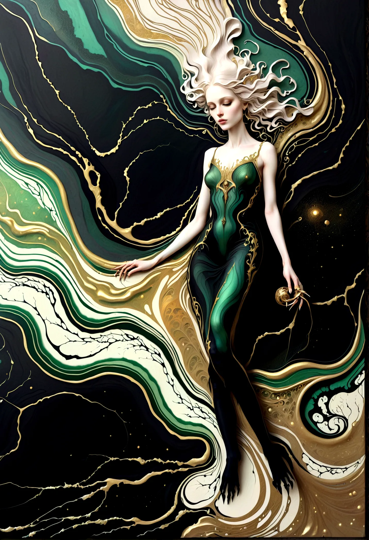 a beautiful illustration of a woman in an abstract marble texture, with colors of black, shiny gold, and green, highly detailed,...