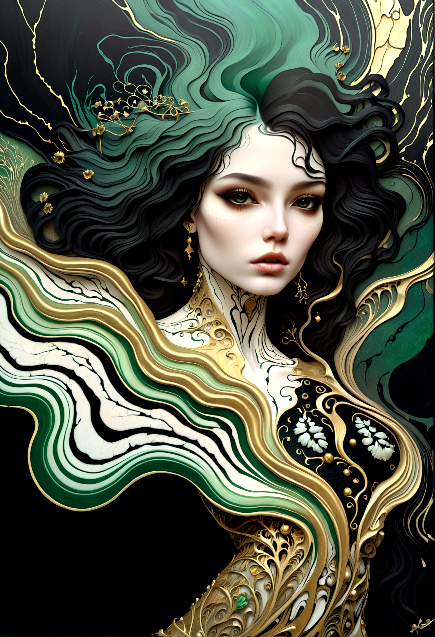 a beautiful illustration of a woman in an abstract marble texture, with colors of black, shiny gold, and green, highly detailed, intricate design, BY Anne Bachelier,