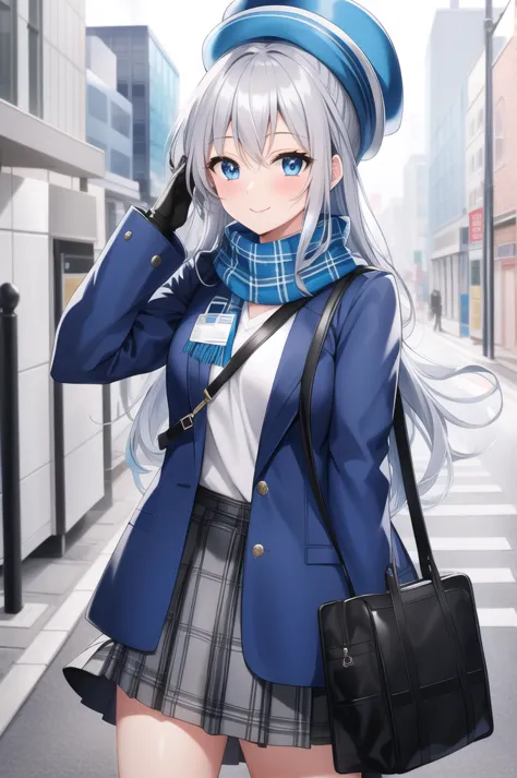 sky blue scarf，blue jacket，wearing a hat，id card，white t-shirt，silver hair，gray ear，black gloves，blue eyes，plaid skirt，blue halo...