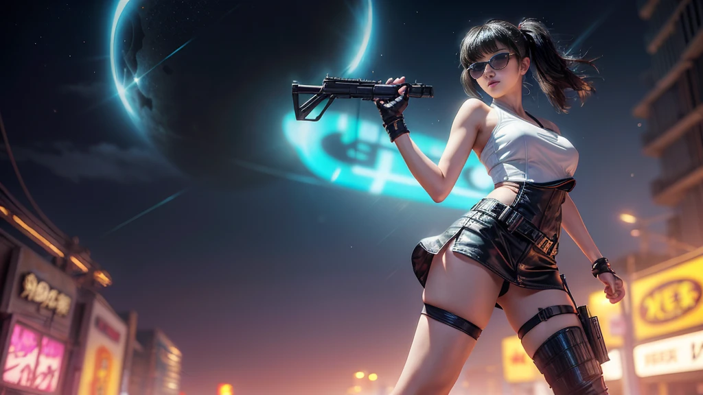 8k, Realistic Skin Texture, Realistic Photo, Neo Tokyo, slim women, large-breast:1.4 cleavage:1.3, AD2050 at night, Dirty hunting jacket, Wearing tube top, miniskirt, (((black sunglasses, automatic rifle, sneakers, cold, shooting pose, very low angle view))), Innovative composition, revenge, cyberpunk, blade runner worldview, Large neon sign, Geisha hologram sign, Strong Wakamoto Sign.