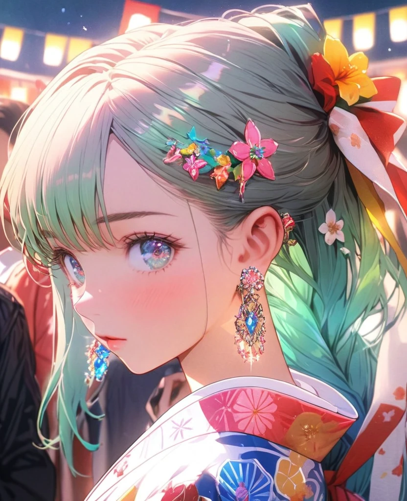 8K,gal，an extremely delicate and beautiful,Beautiful and realistic skin,Shiny jewel-like earrings,Long colorful hair,beautiful eyes,whole body,head to toe,beautiful regs,beautiful Happi,summer festival ,hachimaki