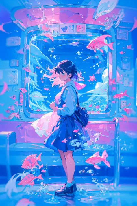 1girl,solo,cute,in train,water,bubble,water splash,floating fish,blue and pink and purple