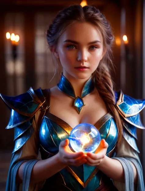 cinematic film still, a mage woman, 20 years old, holding a magic lightning glass orb, glass mage armor,, (Highest Quality, 4k, ...