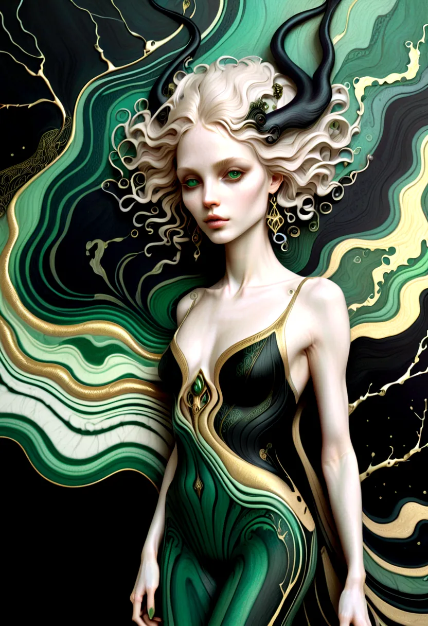 a beautiful illustration of a woman in an abstract marble texture, with colors of obsidian black, shiny gold, and emeral green, ...