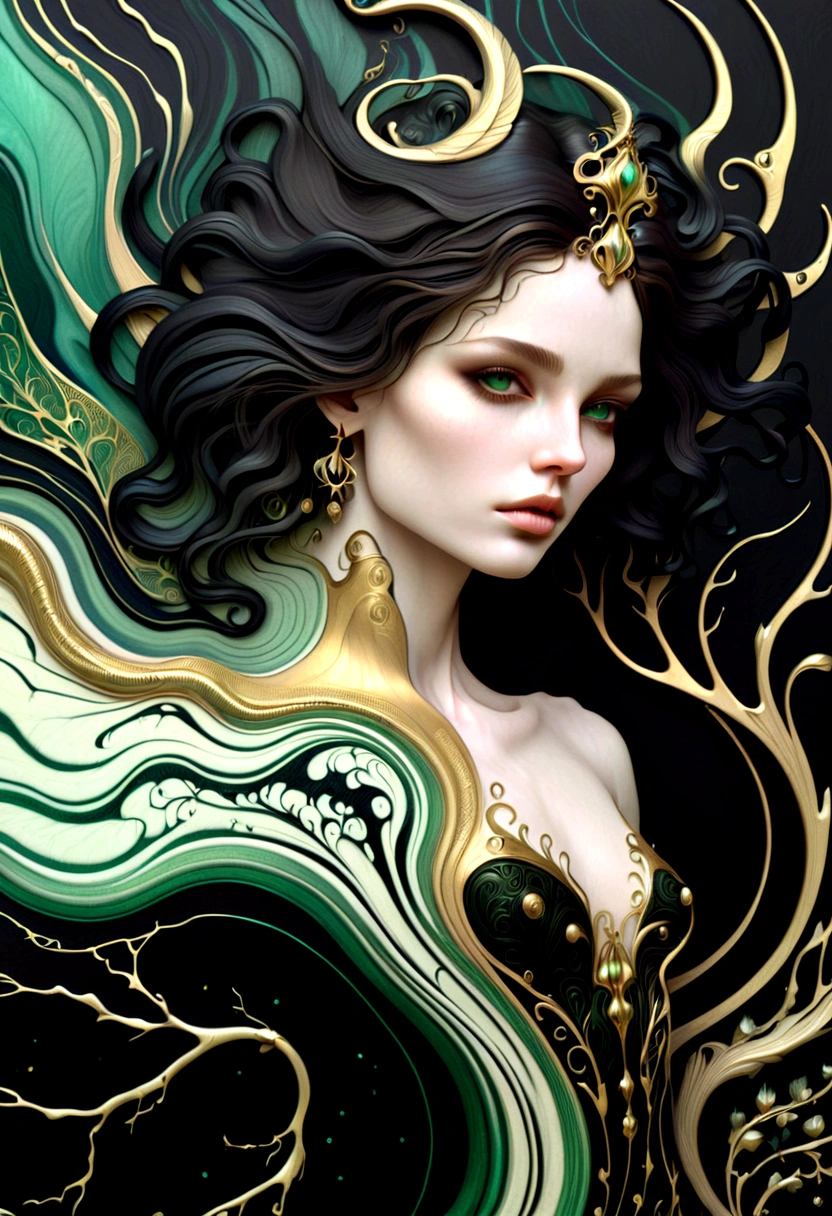 a beautiful illustration of a woman in an abstract marble texture, with colors of obsidian black, shiny gold, and emeral green, highly detailed, intricate design, BY Anne Bachelier,