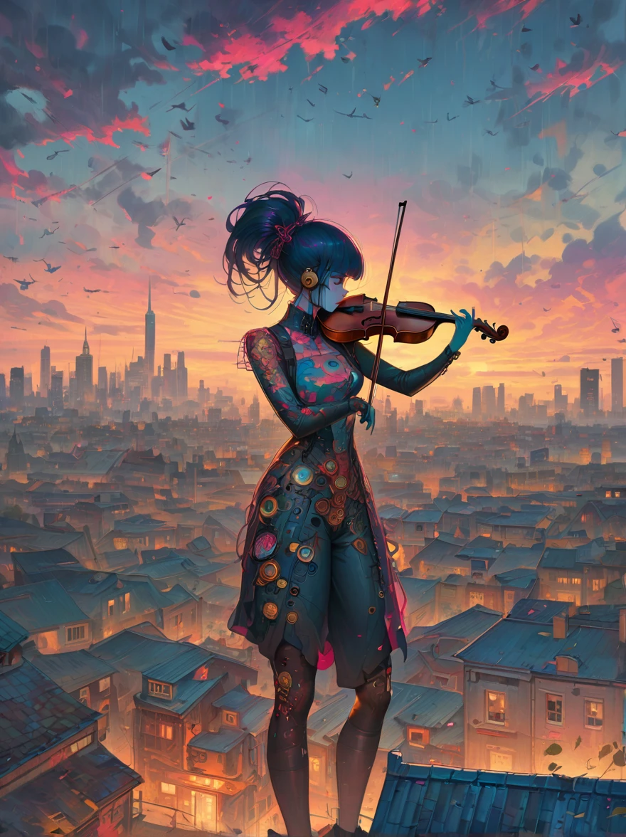 Gefühlvoller Musiker spielt bei Sonnenuntergang Geige auf einem Dach, Partitur, Notiz, Reflexiv, Skyline der Stadt, Dramatischer Sonnenuntergang, Surrealistisches Ölgemälde von James Jean, Van Gogh, Mark Ryden, Robbie Trevino, Pop Cyberpunk Steampunk Flowerpunk, Atompunk, filmisch, Hintergrund