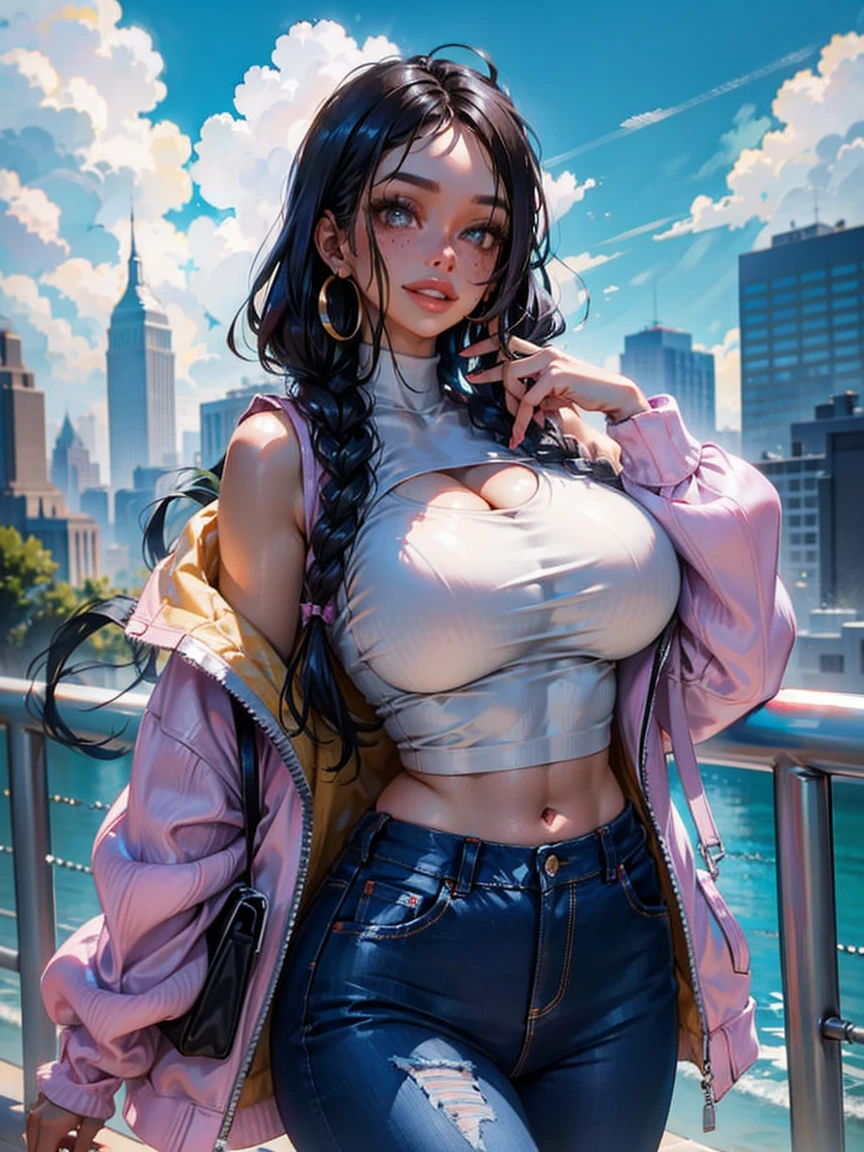 Girl with black skin, braided brown hair, Box braids, black eyes, smiling, super tight jeans big hips, hands down, black bra, white tube top , white top, bare shoulders, big circle gold earrings, freckles, big lips, on a rooftop, nyc skyline in the background, blue skies big clouds