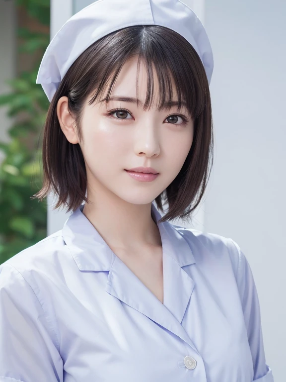 1 Girl,(Wearing white nurse clothes:1.2),(RAW Photos, Highest quality), (Realistic, photo-Realistic:1.4), masterpiece, Very delicate and beautiful, Very detailed, 2k wallpaper, wonderful, finely, Very detailedな, High resolution, Soft Light, Beautiful detailed girl, Very detailed eyes and face, Beautiful and detailed nose, nurse, Perfect Anatomy, Black Hair, Upstyle, nurse uniform, ((nurse cap)), hospital, clear, White Uniform, hospital room, (Super beautiful woman:1.2), A neat and clean woman, masterpiece, Highest quality, wonderful肌, Delicate face, A cool smile、Age 25, Clean look, Twinkle Eyes, double eyelid, Ample breasts, ((High resolution)), ((Very detailedな CG Unity 8K 壁紙)), short hair, bangs, Bob,Long sleeve blouse,Bust up shot,Face Focus,Natural light,Backlight,(A bright light shines from above),(Lens flare),Professional Writing,(Low position),(Low Angle) , sentimental、