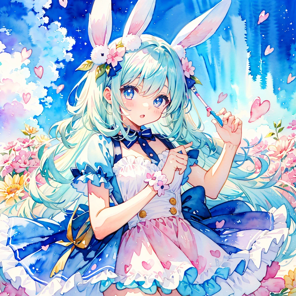 1 kawaii girl, (watercolor style illustration:1.2), cute, lovely, beautiful, dynamic angle, (kawaii pastel colour:1.4), kawaii rabbit costume, cute costume, cute pose, big eyes,