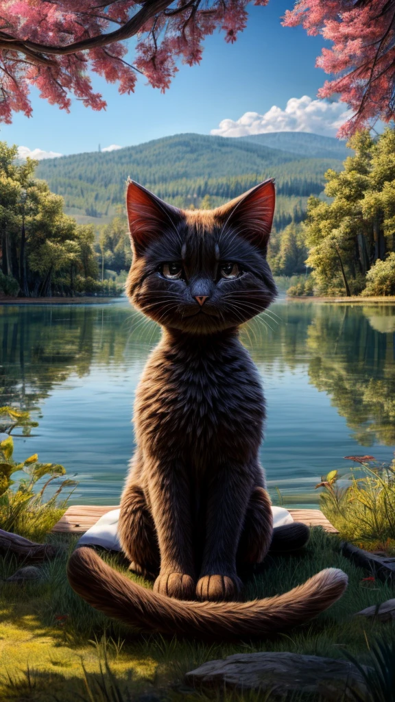 Um gato chorando com lágrimas escorrendo pelo rosto, sentado sob uma grande árvore perto de um lago