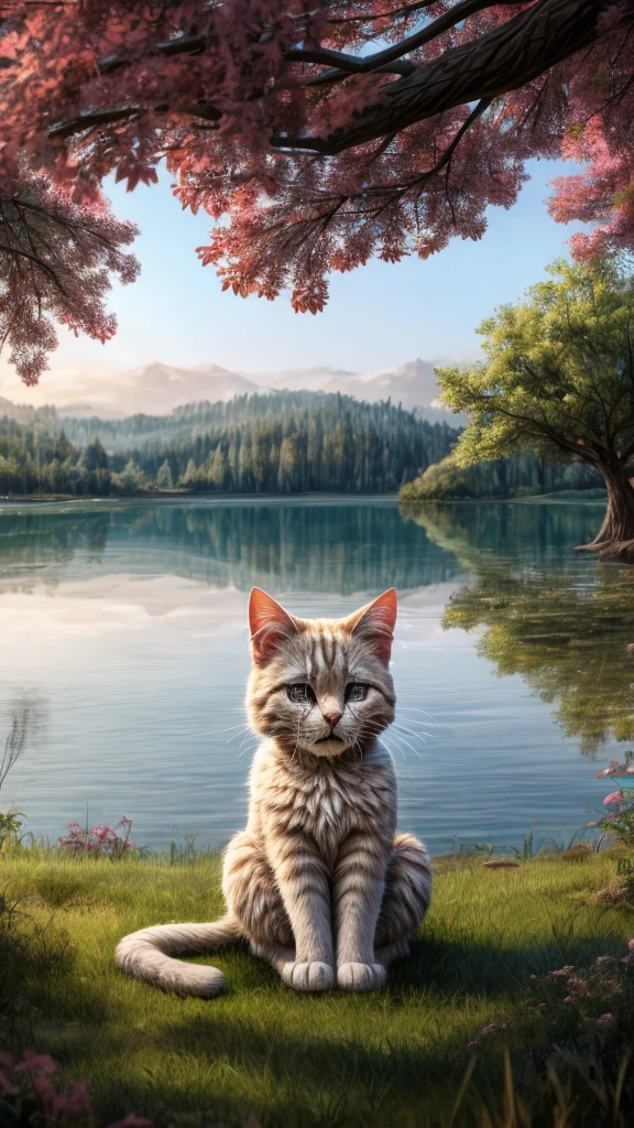 Um gato chorando com lágrimas escorrendo pelo rosto, sentado sob uma grande árvore perto de um lago