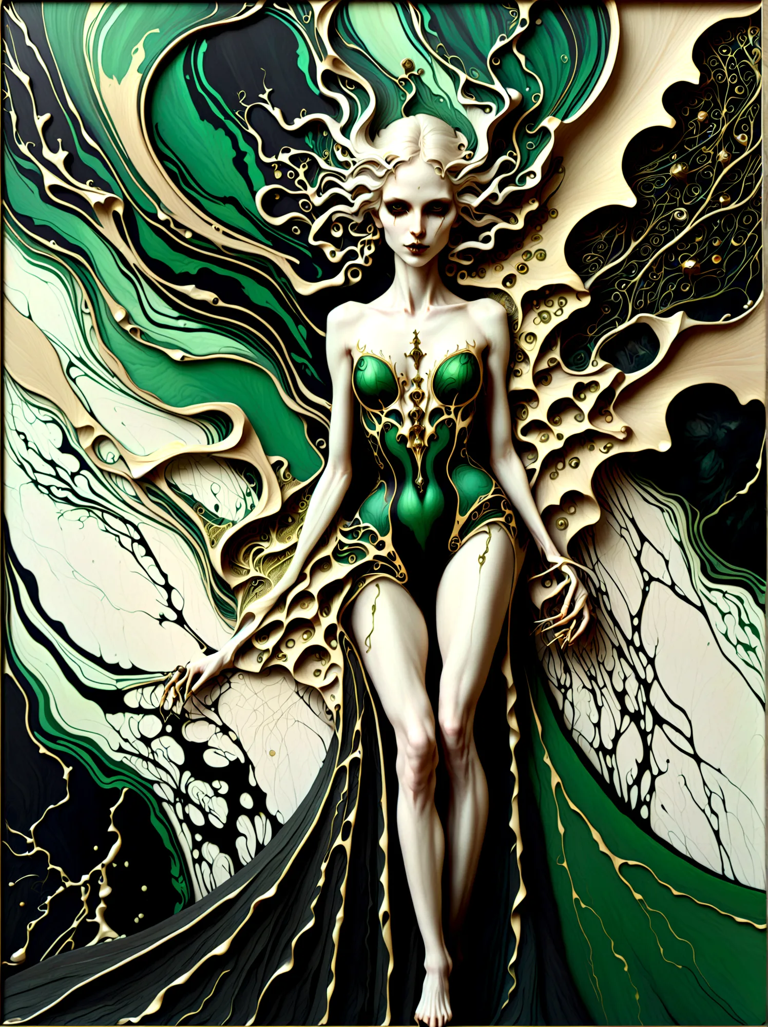 a beautiful illustration of a vampire woman made from an abstract marble texture, with colors of black, green and gold, highly d...