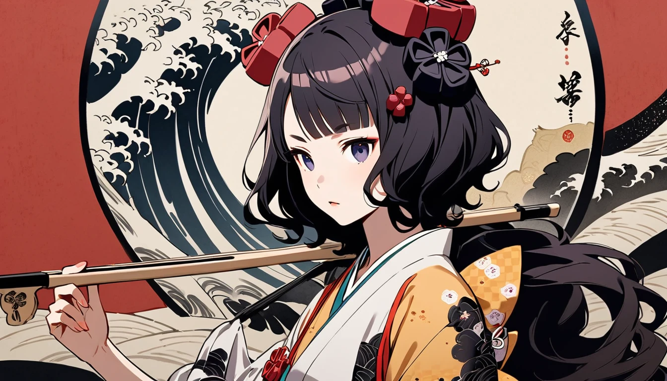 (((Katsushika Hokusai))), (((Ink Painting))), ((very straight longhair)), ((1 girl)), ((Play Shamisen)), ((Skeleton)), Japanese style headphones, Black Hair, Delicate and precise, Modern ukiyo-e style