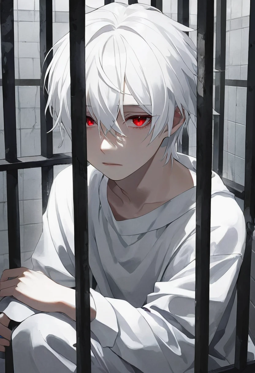 pure white hair、Teenage Boy、Bright red eyes、White skin、White clothes、White skin、In solitary confinement、A dark look of despair、